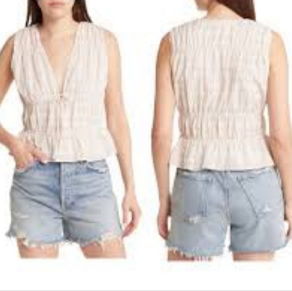 Treasure & Bond Cotton Blend Cropped Top Ivory Honey Plaid Women’s Size L